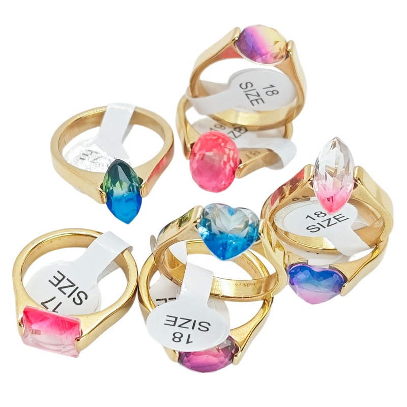 Wedding Supply Wholesale - แหวนสแตนเลสทรงโซลิแทร์ประดับเพชรซิคอนไล่เฉดสี 12 ชิ้น ขายส่ง สำหรับทุกเพศทุกวัย ดีไซน์ทันสมัย