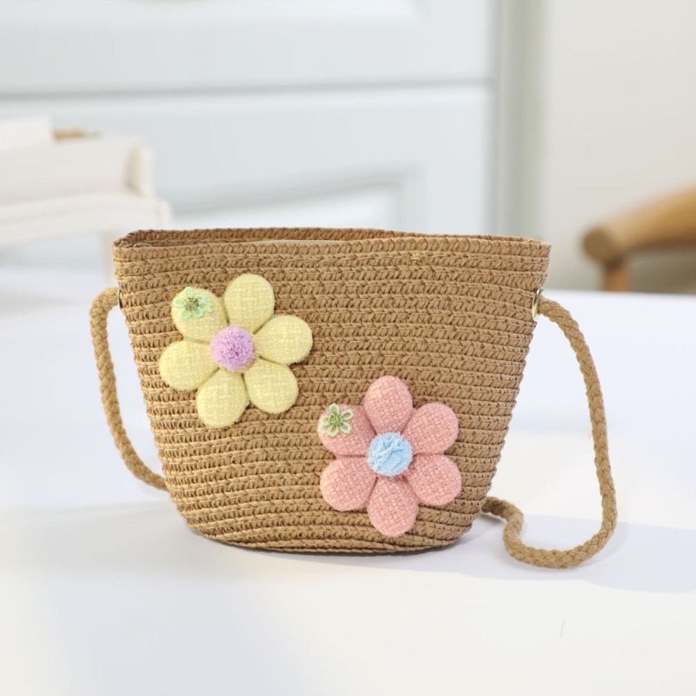 Flower Girl Basket - กระเป๋าสานมือสำหรับเด็กผู้หญิง ลายดอกไม้ พร้อมซิปใส่เหรียญ กระเป๋าสะพายข้างสำหรับเด็ก ถ่ายรูป ของใช้จัดเก็บ