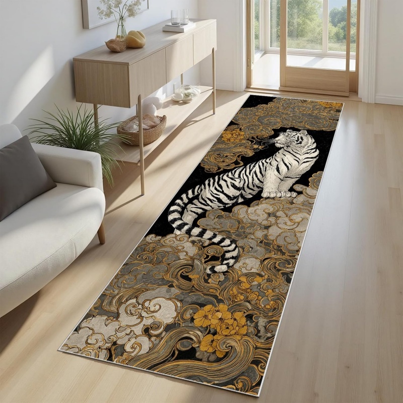 Aisle Runner White - พรมลายเสือขาวโอเรียนทัล ลายเมฆและดอกไม้แบบเอเชียดั้งเดิม พรมกันลื่น ตกแต่งบ้านสไตล์โบโฮ สำหรับห้องโถง