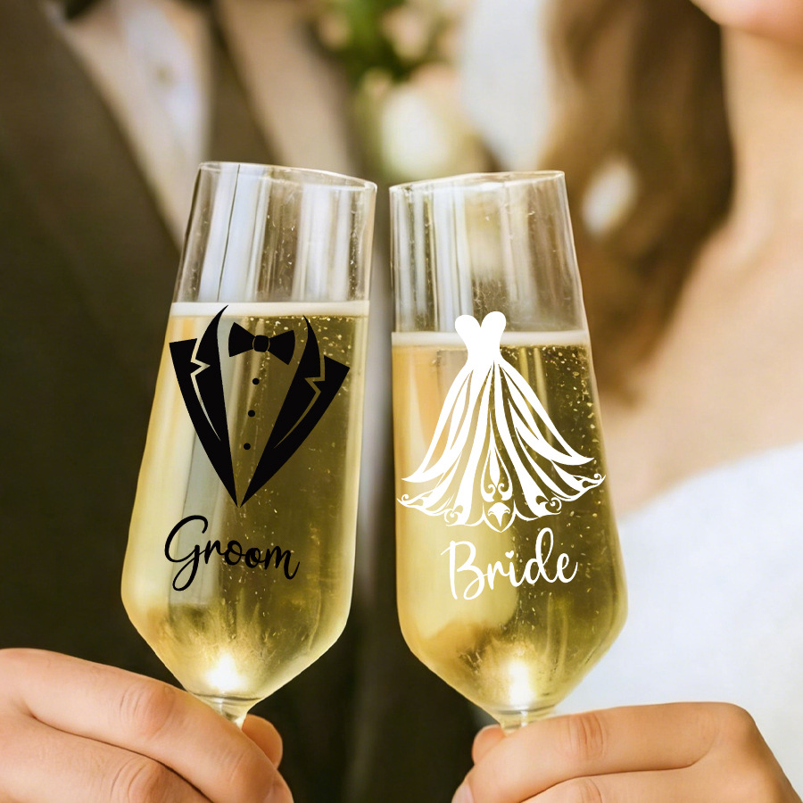 Wedding Dress Supply - สติกเกอร์ตกแต่งแก้วแชมเปญงานแต่งงานสำหรับเจ้าบ่าว เจ้าสาว ชุดแต่งงาน และแก้วไวน์งานแต่งงาน